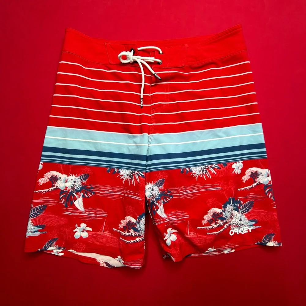 SURF Oakley Mens Board Shorts Red Striped Tropical Floral Swim Trunks Size 31